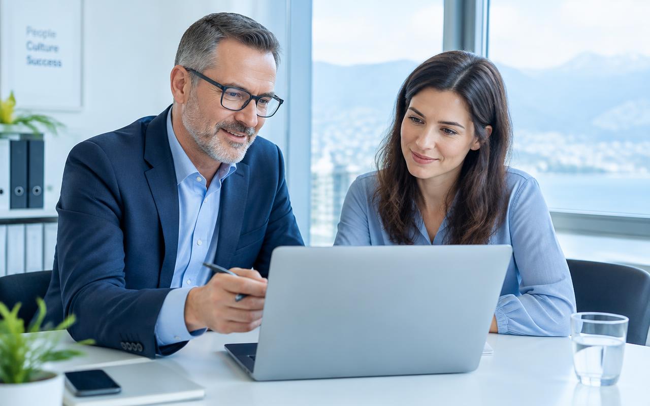 HR-Berater bespricht mit einer Kundin die Einführung am Laptop